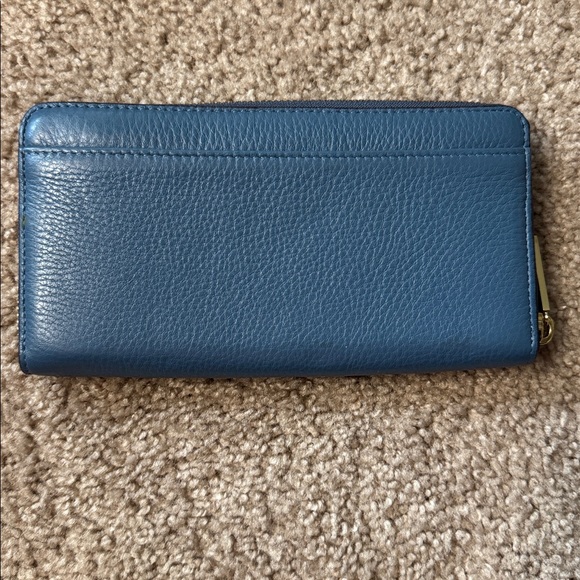 kate spade Blue Pebbled Leather Zip Around Wallet with Gold Logo - Picture 3 of 6